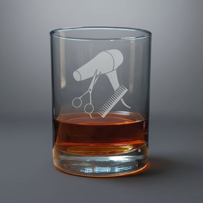 Clear glass with hair salon-themed etching 