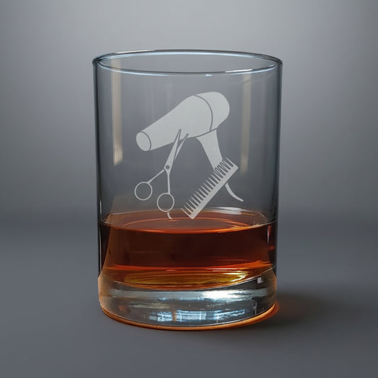 Clear glass with hair salon-themed etching 