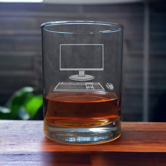 13oz Whiskey Glass with an etched image of a Computer Monitor and Keyboard - Copyright Hues in Glass