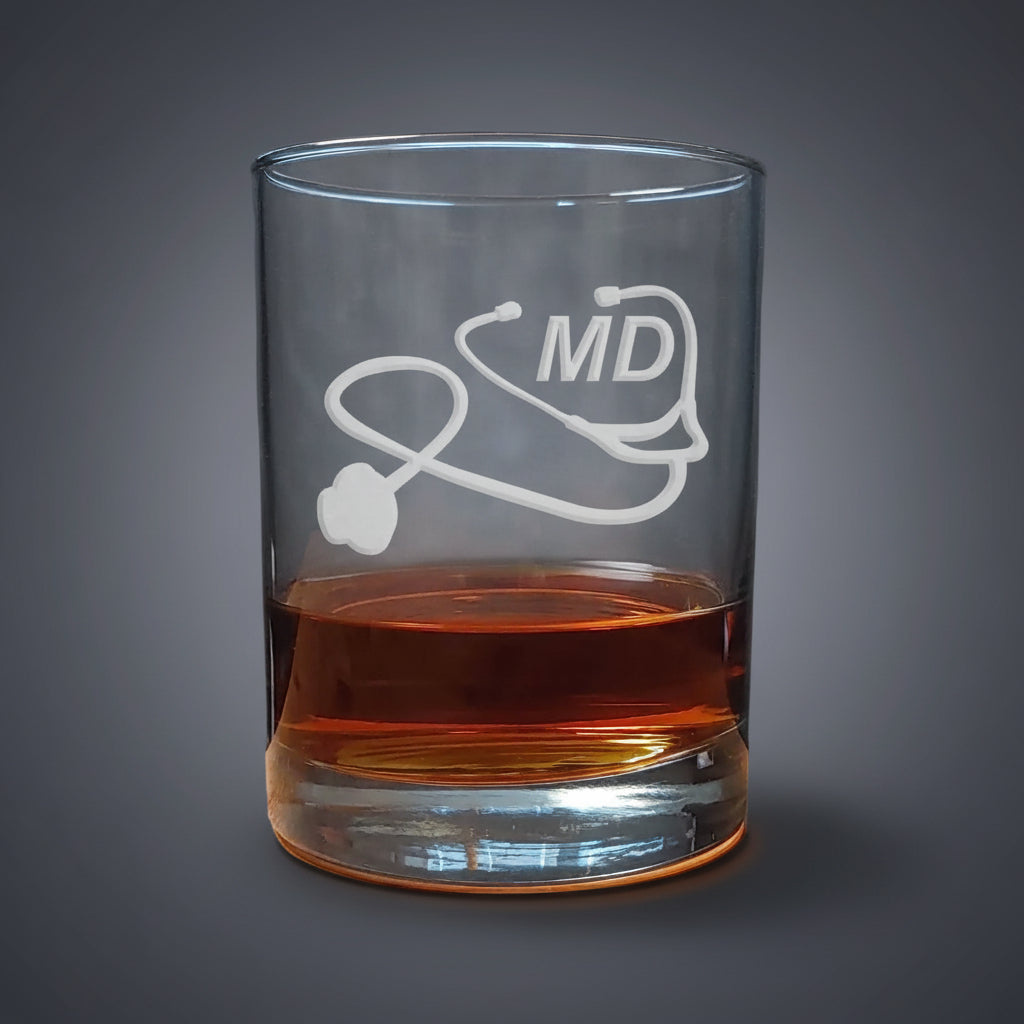 Clear glass with 'MD' and stethoscope design, filled with a dark liquid