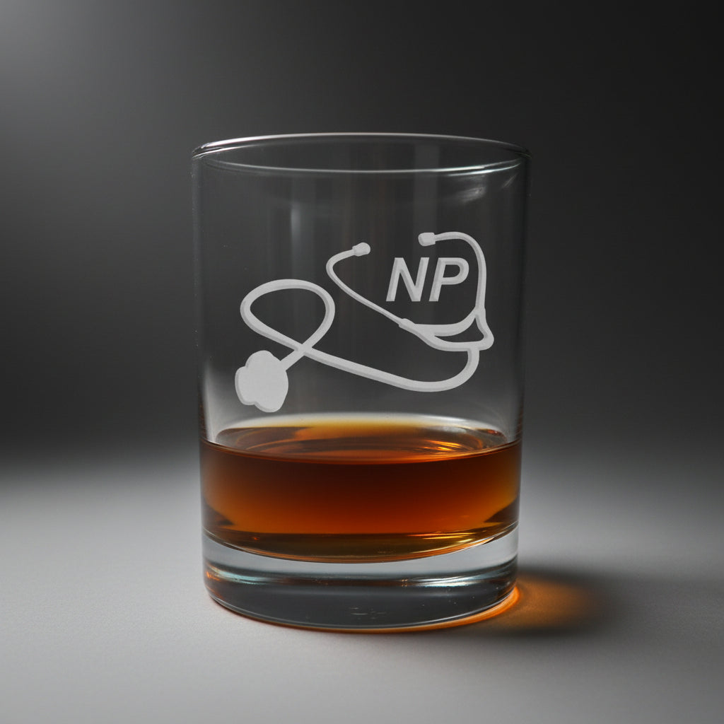 Clear glass with 'NP' and stethoscope design, filled with a dark liquid
