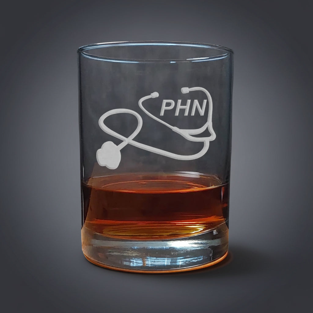 Clear glass with 'PHN' and stethoscope design, filled with amber liquid 