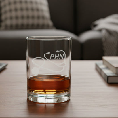 Public Health Nurse Whiskey Glass with a etched image of a Stethoscope and the designation letters P H N on  it - Copyright Hues in Glass