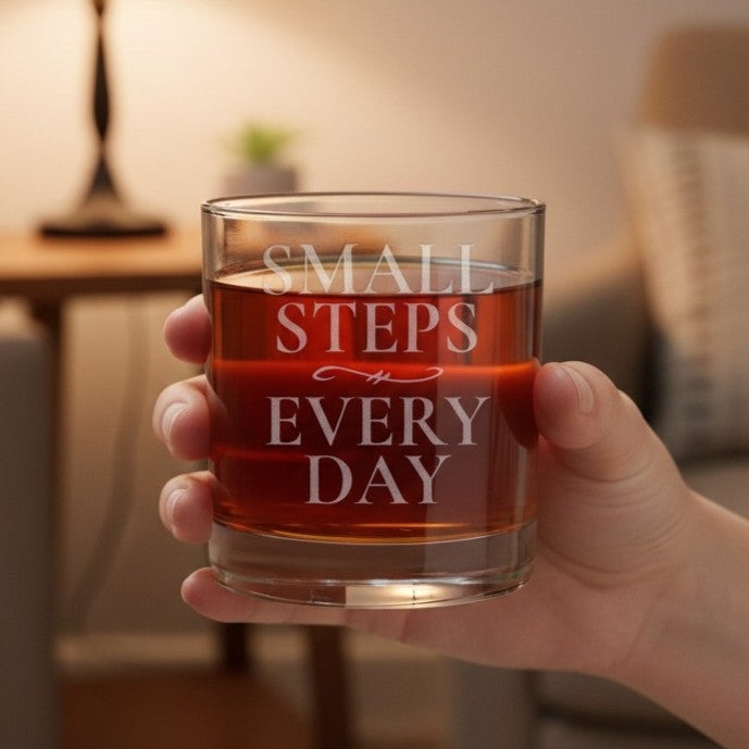 A clear lowball-style drinking glass with etched words reading 'SMALL STEPS EVERY DAY,' filled with an amber-red liquid, shown on a wood surface with a living room in the background.