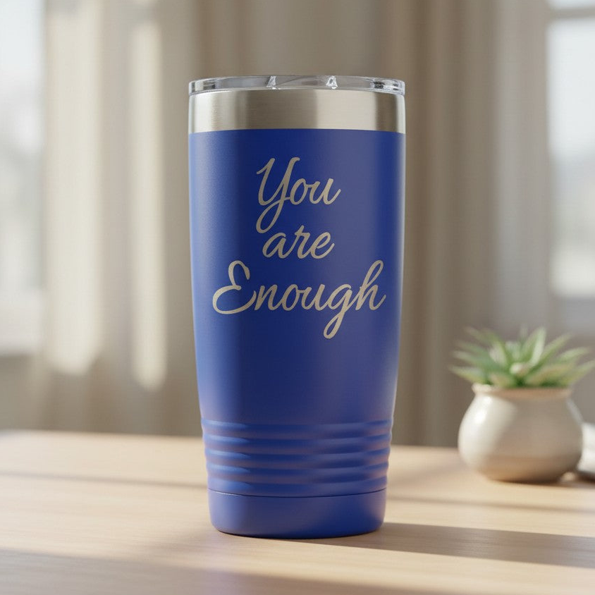 A royal blue insulated tumbler with a clear lid sits on a light wooden table. The front of the tumbler features the phrase 'You are Enough' laser engraved in script font.