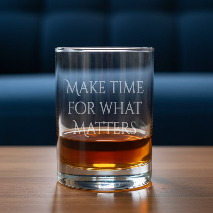 A clear rocks glass with the phrase 'MAKE TIME FOR WHAT MATTERS' etched on the front, partially filled with amber whiskey, set on a wood surface against ablue couch background.