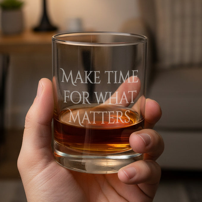 A hand holding a clear rocks glass with the phrase 'MAKE TIME FOR WHAT MATTERS' etched on the front, partially filled with amber whiskey, set on a wood surface against a living room background.
