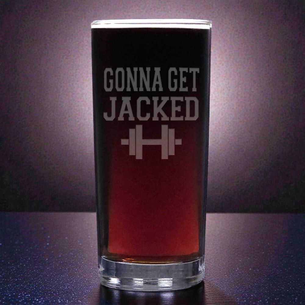 Clear glass with red liquid and 'Gonna Get Jacked' text on a dark background