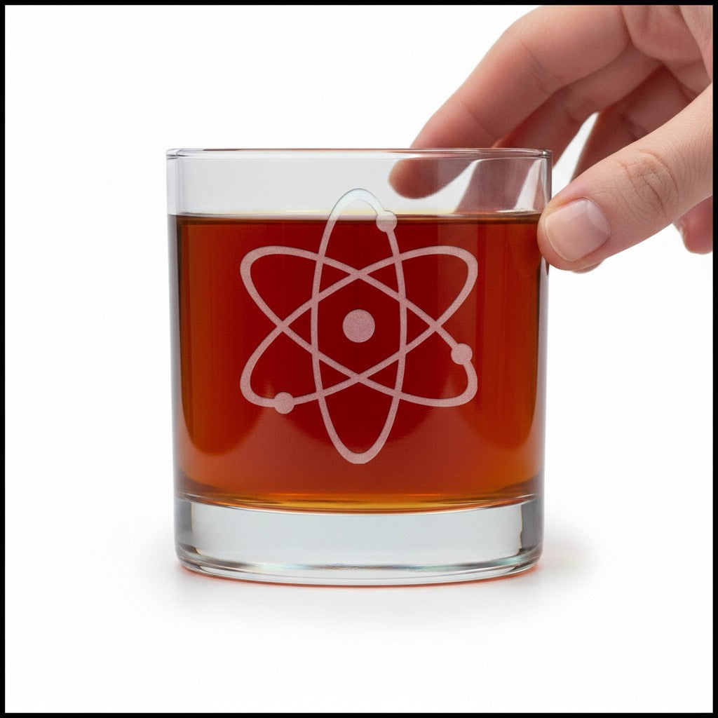 A hand holding a clear rocks glass filled with amber liquid, featuring a white etched atom symbol on the front, against a plain white background.