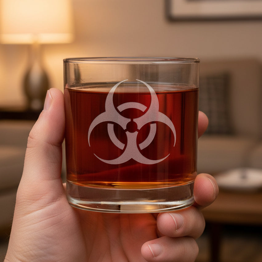Biohazard Engraved 11oz Whiskey Glass - Science Teacher Gift