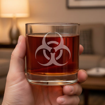 Biohazard Engraved 11oz Whiskey Glass - Science Teacher Gift