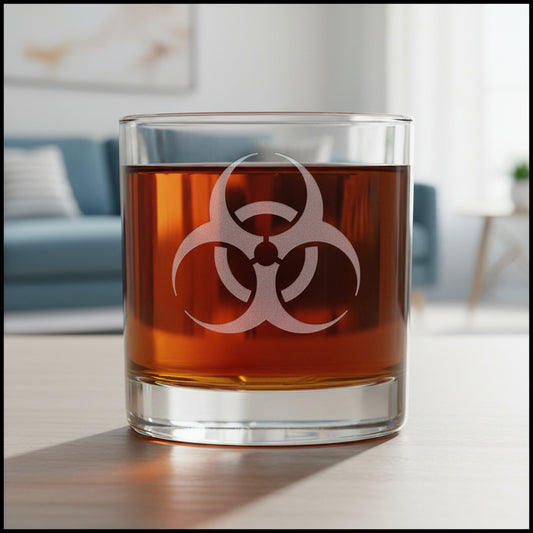 Glass with liquid and biohazard symbol with a living room background