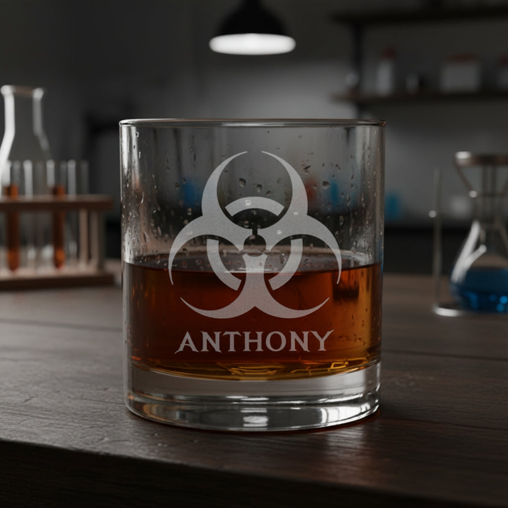 Glass with biohazard symbol and 'Anthony' text