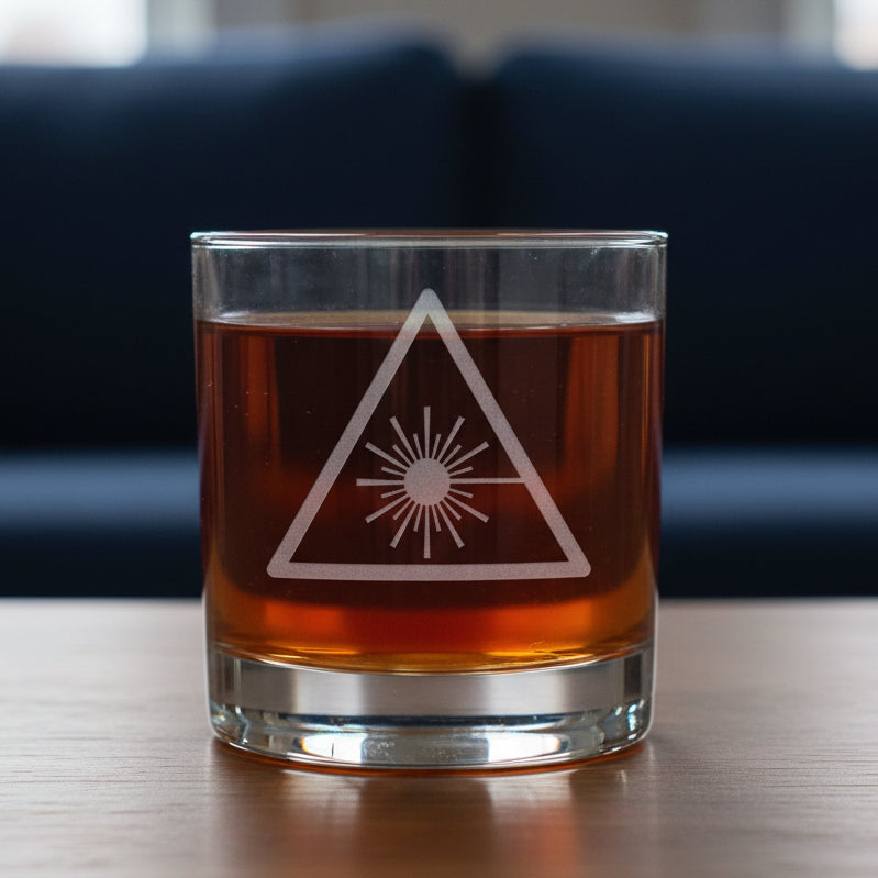 A clear lowball glass with a white etched triangle and sunburst design, featuring the name 'Brandon' below, filled with an amber-red liquid and set on a wooden surface 