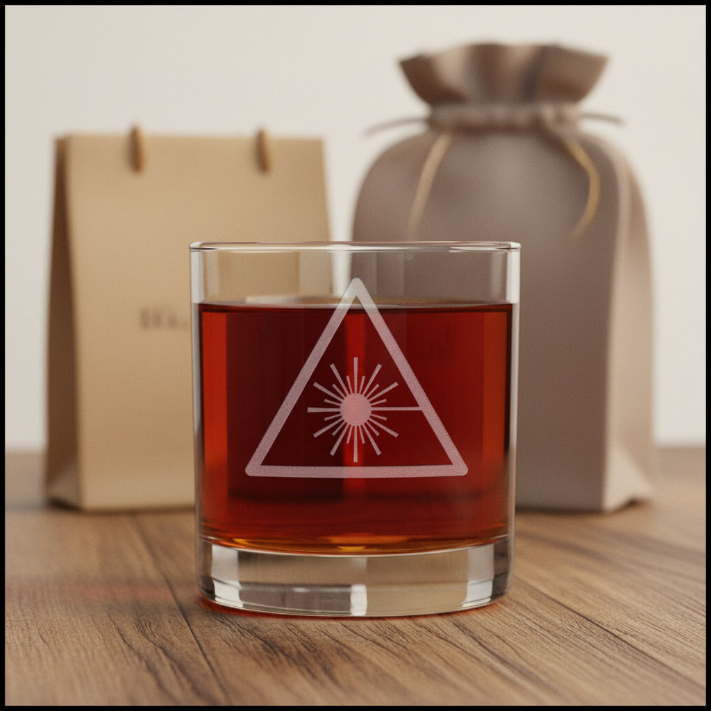 A clear lowball glass with an etched triangle and sunburst design, featuring the name 'Brandon' below, filled with an amber-red liquid and set on a wooden surface