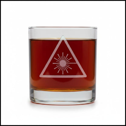A clear glass rocks tumbler filled with amber-brown liquid, featuring a white etched triangle and sunburst symbol on the front, set against a plain white background.