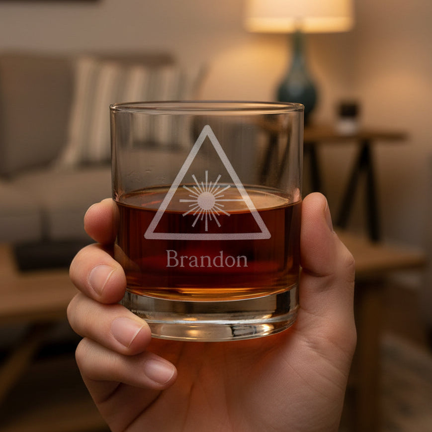A clear lowball glass with an etched triangle and sunburst design, featuring the name 'Brandon' below, filled with an amber-red liquid and set on a wooden surface against a textured gray background.