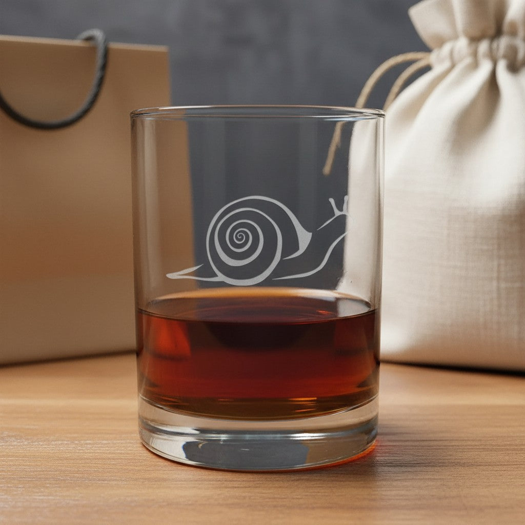 A clear glass rocks tumbler with an etched snail design, filled with an amber-brown liquid, set on a wooden surface with a kraft paper bag and a beige drawstring pouch in the background.