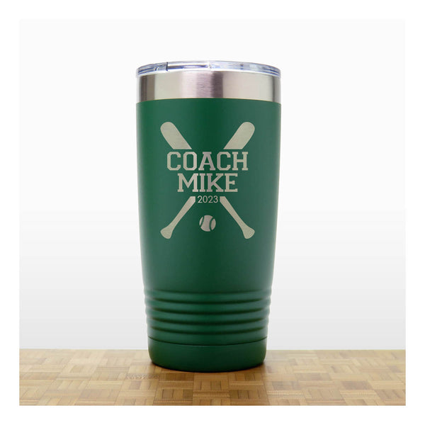 Green  - Baseball Coach Insulated Tumbler - 20 oz Insulated Tumbler - Copyright Hues in Glass
