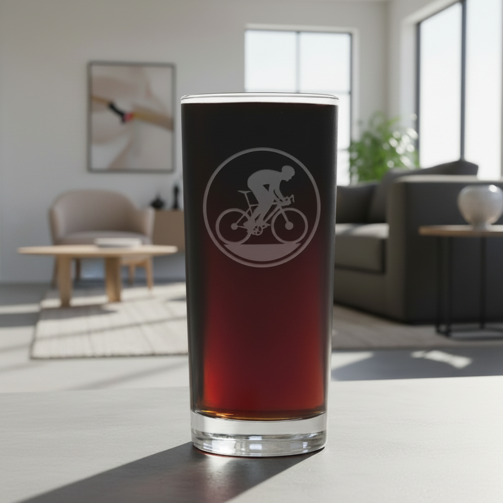 Cooler glass with an etched  cyclist silhouette with  a living room in the background