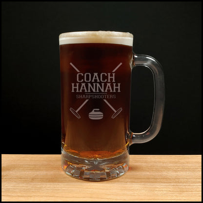 Curling Coach 16oz Engraved Beer Mug - Personalized Gift  - Deeply Etched Beer Glass