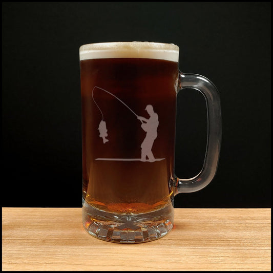 Fly Fisherman with Fish Beer Mug - Copyright Hues in Glass