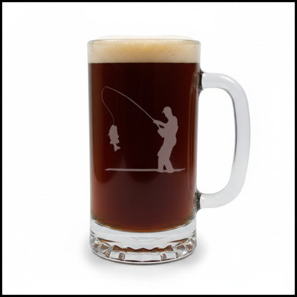 Fly Fishing 16oz Beer Mug - Hand Sandblasted Fish Glass Gift