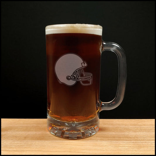 A beer mug with an image of a Football Helmet - copyright Hues in Glass