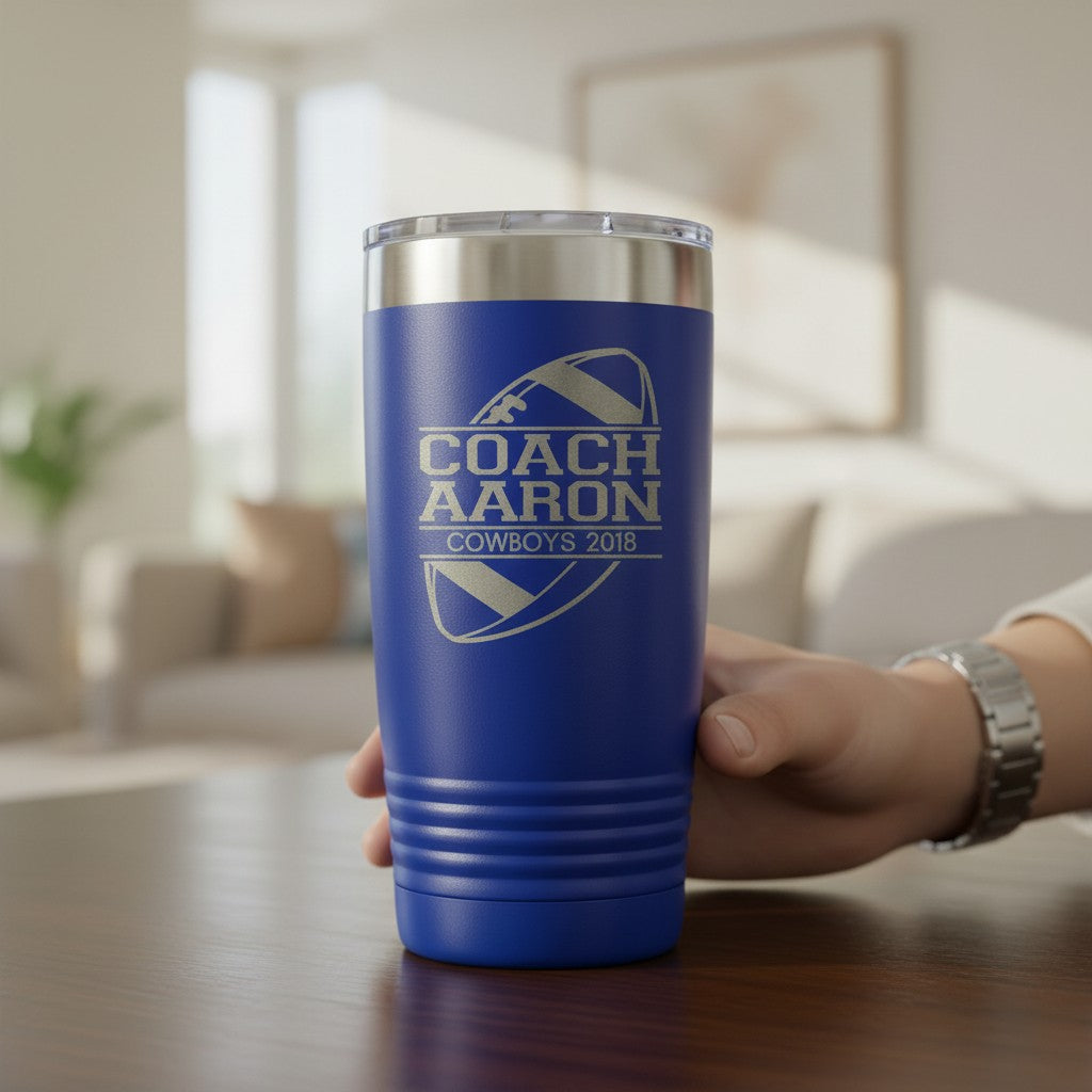 A blue insulated tumbler with a clear lid and silver rim, held by a hand on a wooden table. The tumbler features a laser-engraved design that reads 'COACH AARON COWBOYS 2018' with a football graphic.