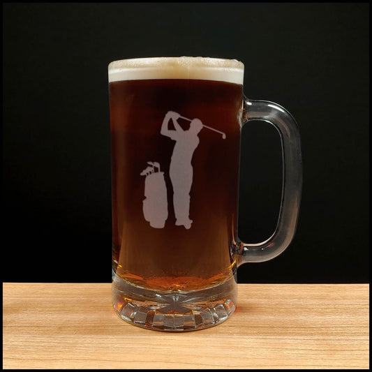Golfer and Golf Bag image on a 16oz Beer Mug  -  copyright Hues in Glass