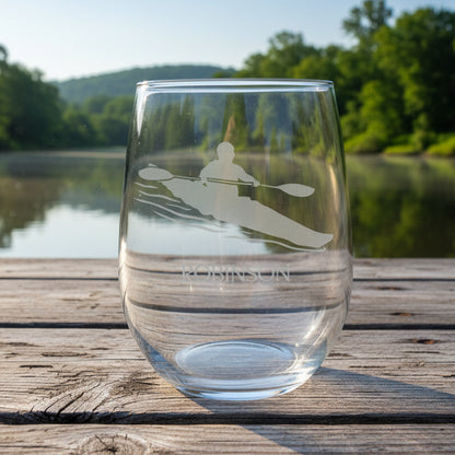 Kayaking Stemless Wine Glass 17oz – Laser Engraved Canoe & Kayak Gift for Outdoor Lovers