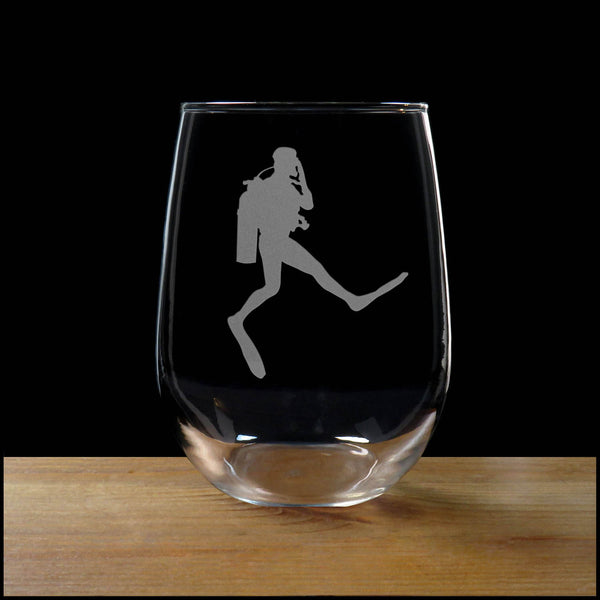 Scuba Diver - Giant Stride Stemless Wine Glass - Copyright Hues in Glass