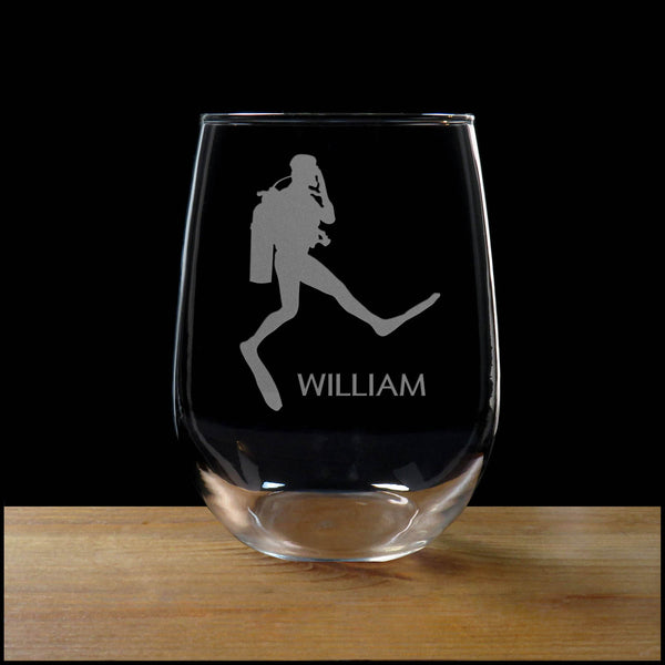 Scuba Diver Personalized - Giant Stride Stemless Wine Glass - Copyright Hues in Glass