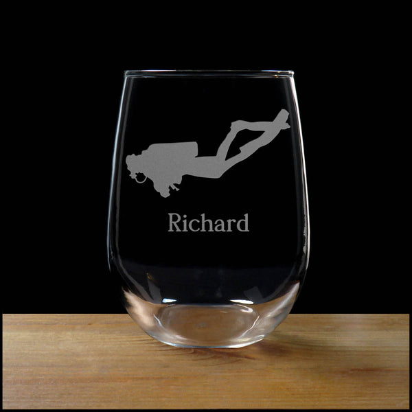 Scuba Diver Personalized Stemless Wine Glass - Copyright Hues in Glass