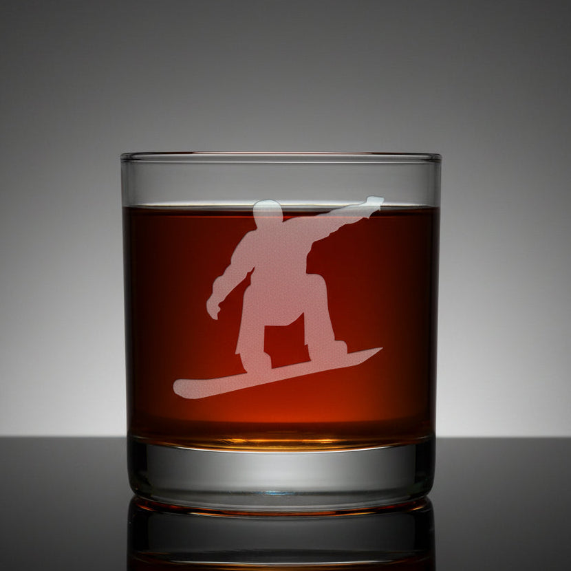 11oz whiskey glass with an etched snowboarder 