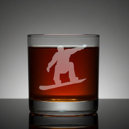 11oz whiskey glass with an etched snowboarder 