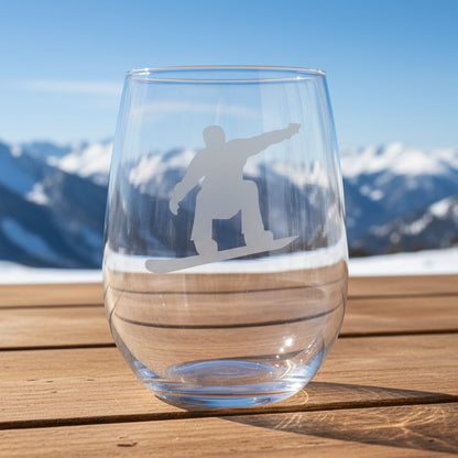 Personalized Snowboarder 17oz Stemless Wine Glass - Deep Sandblasted Custom Winter Sports Gift