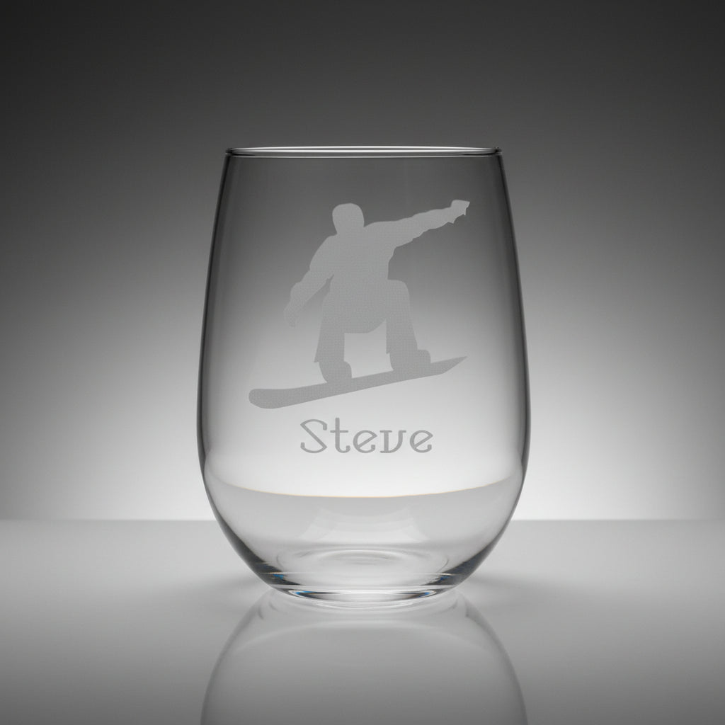 Clear glass with a snowboarder silhouette and 'Steve' engraved on a wooden surface with black background