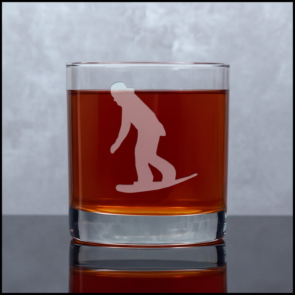 11oz whskey glass with an etched snowboarder on it 