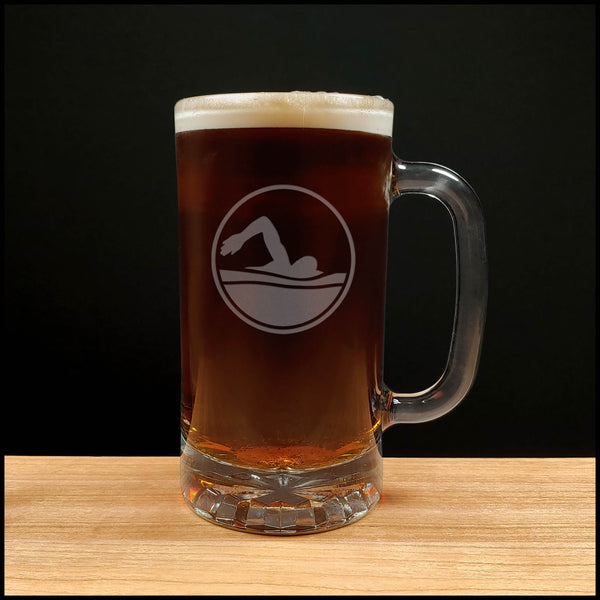 Swimming 16oz beer mug with an image of a Swimmer doing the crawl stroke- Copyright Hues in Glass