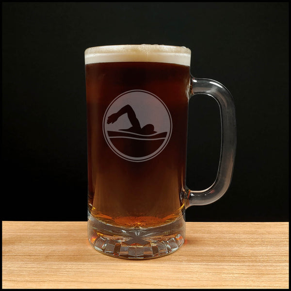 Swimming 16oz beer mug with an image of a Swimmer doing the crawl stroke- Copyright Hues in Glass