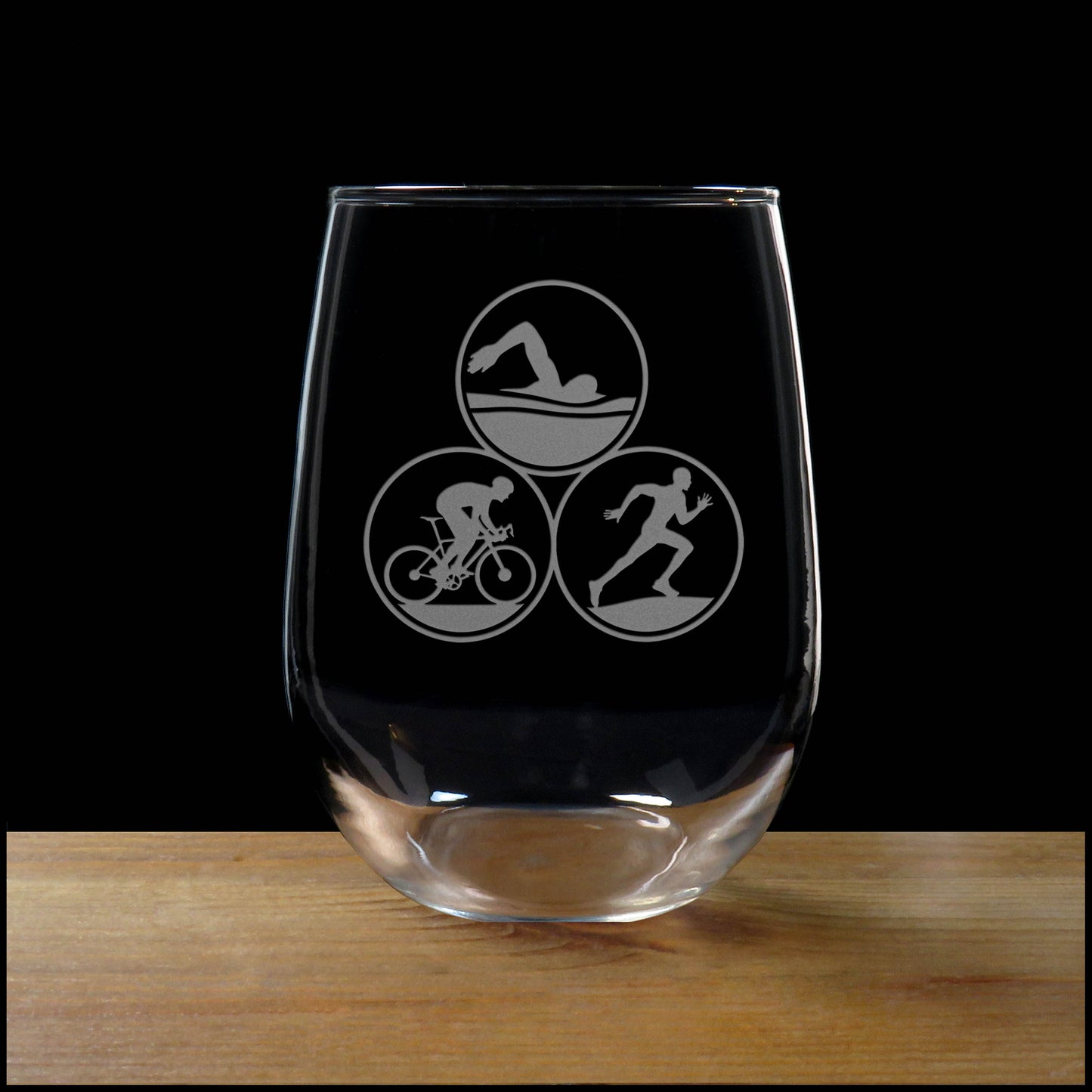 Personalized Triathlon Stemless Wine Glass 17oz - Deep Sandblasted Athlete Keepsake