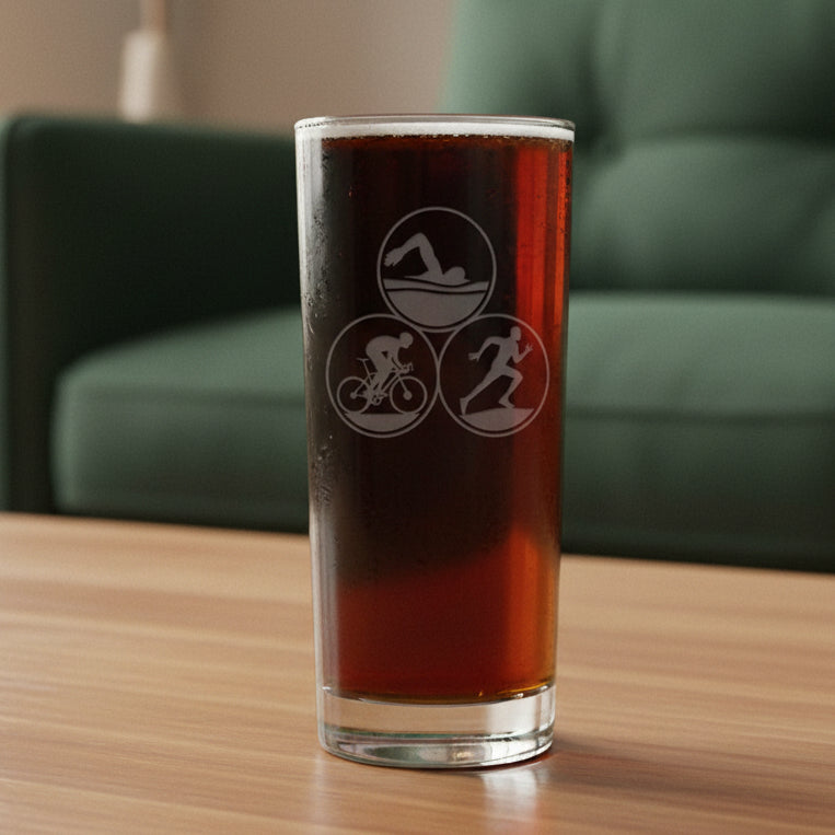 Etched Triathlon 15oz Cooler Glass - Runner, Cyclist, Swimmer, Water Glass