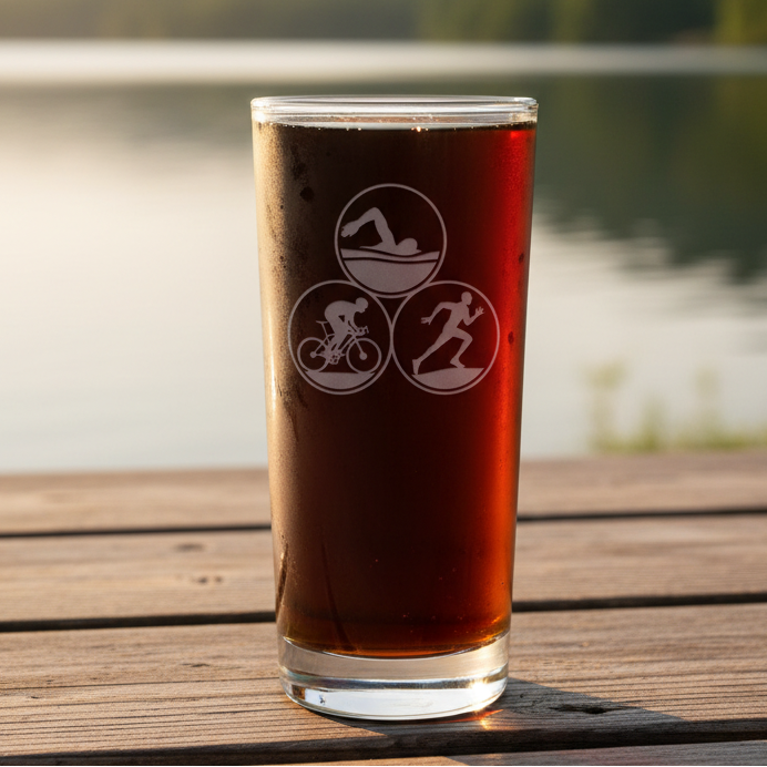 Cooler glass with etched triathlon design 