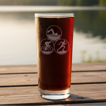 Cooler glass with etched triathlon design 