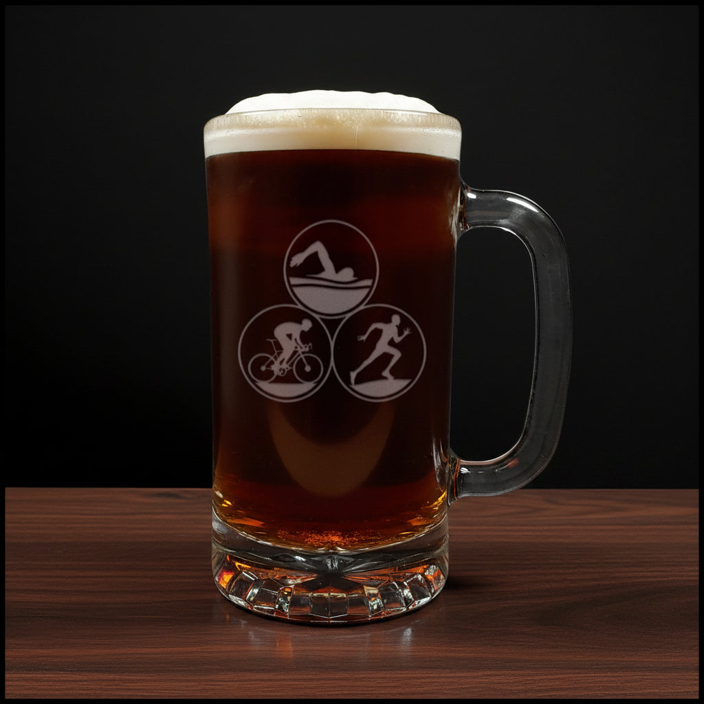 Personalized Triathlon 16oz Etched Beer Mug - Custom Pint Glass for Triathletes, Ironman Finisher - Swim Bike Run Gift
