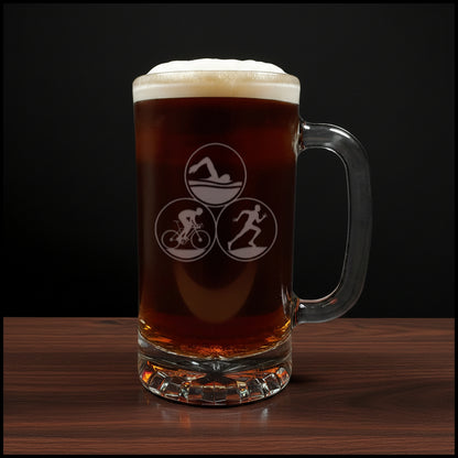 Personalized Triathlon 16oz Etched Beer Mug - Custom Pint Glass for Triathletes, Ironman Finisher - Swim Bike Run Gift