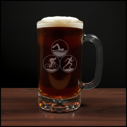 Personalized Triathlon 16oz Etched Beer Mug - Custom Pint Glass for Triathletes, Ironman Finisher - Swim Bike Run Gift