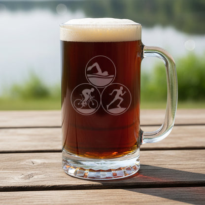 Glass mug with a sports-themed design on a wooden surface