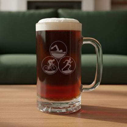 Glass mug with a sports-themed design on a wooden surface